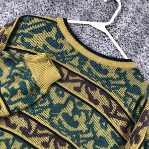 Koman Sweater Mens XL Yellow Green Geometric Knit Crew Pullover Jacquard Pattern